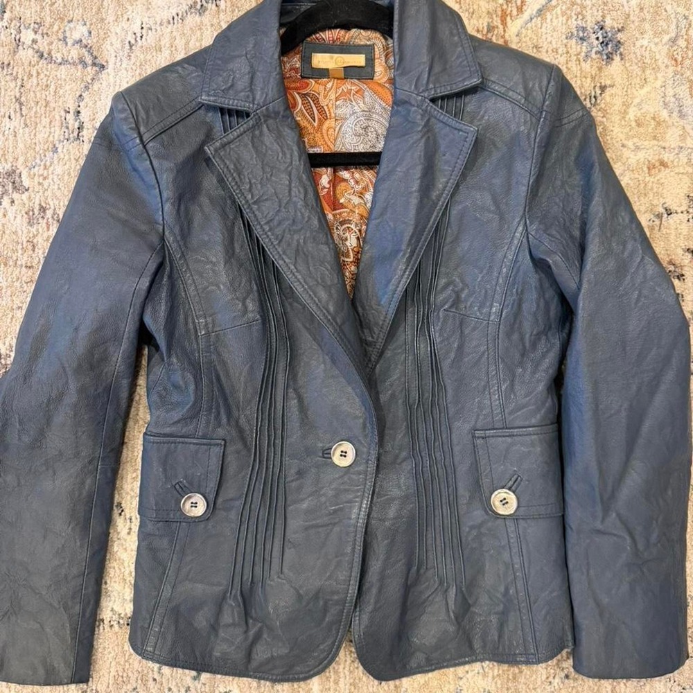 Wilsons Leather Pintuck Blazer Genuine Leather Blue Charcoal Women Small Y2K